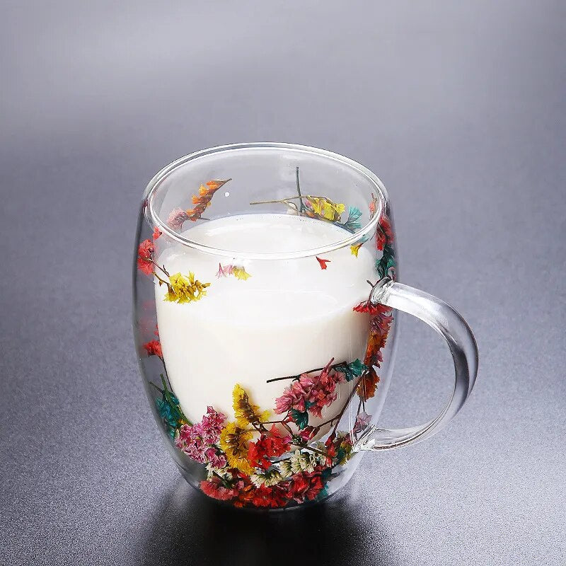 2pcs Getrocknete Blumen Doppelt wändige Glas Tasse