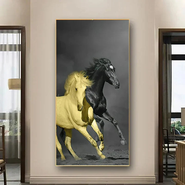 Elegante Reiter Wandkunst Fine Art Leinwanddruck Majestätisches Braunes Pferdeporträt auf abstraktem orangen Hintergrund für Bilder für moderne Inneneinrichtung