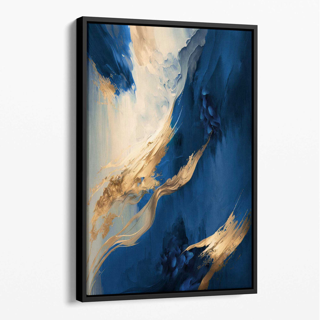 Abstraktes Wandbild auf Leinwand in Blau und Gold, Farbstreifen Nr. 1