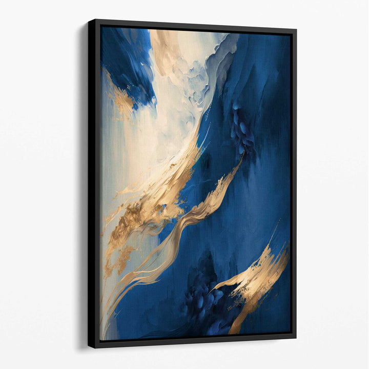 Abstraktes Wandbild auf Leinwand in Blau und Gold, Farbstreifen Nr. 1