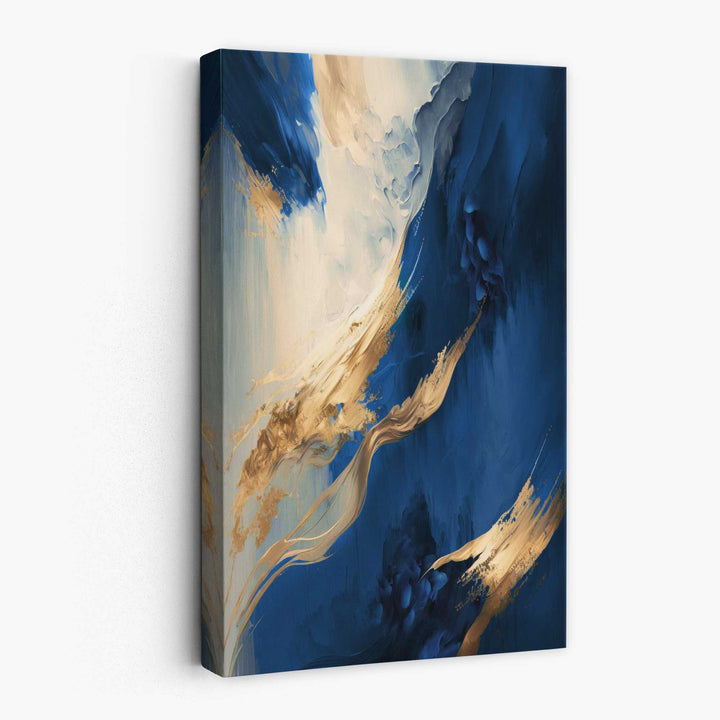 Abstraktes Wandbild auf Leinwand in Blau und Gold, Farbstreifen Nr. 1