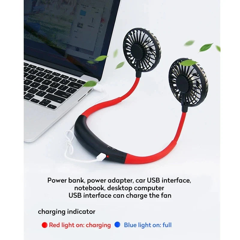 USB Tragbarer Freisprechhalsventilator - Wiederaufladbarer Mini-Sportventilator, 3-Geschwindigkeitsverstellbarer Dualventilator für Zuhause, Büro & Außeneinsatz | Karnz