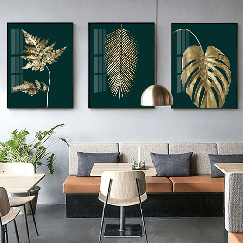 Abstrakte tropische Botanik goldene Blätter Wandkunst Feine Kunst Leinwanddrucke Bilder für Wohnzimmer Esszimmer Licht Luxus Wohnkultur | Karnz