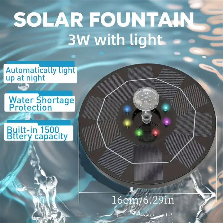 Karnz | Solarbrunnen LumiFonte 3.5W | Mit RGB-LED & 6 Düsen | 1500 mAh Akku & Filtersystem | Für Vogelbad, Teich & Garten