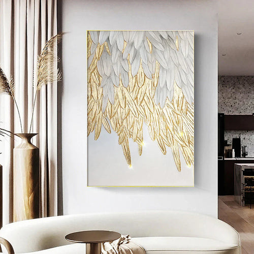 Modern abstraktes goldenes Federdesign Wandkunst Feine Kunst Leinwanddrucke Bild für Luxus-Wohnzimmer Schlafzimmer Eingangsbereich Foyer Kunst Dekor | Karnz
