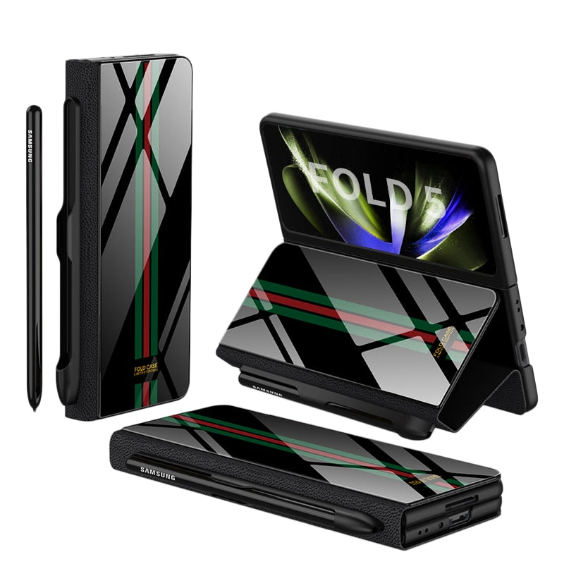 Karnz | Stoßfeste Rüstungshülle Hülle Glas Abdeckung Ständer Einfügkarte Lederhülle für Samsung Galaxy Z Fold 5/4