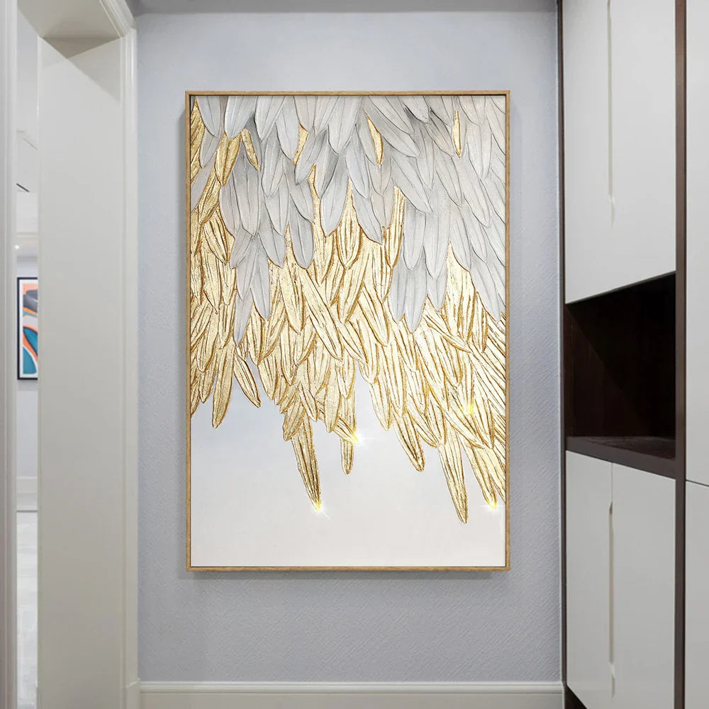 Modern abstraktes goldenes Federdesign Wandkunst Feine Kunst Leinwanddrucke Bild für Luxus-Wohnzimmer Schlafzimmer Eingangsbereich Foyer Kunst Dekor | Karnz