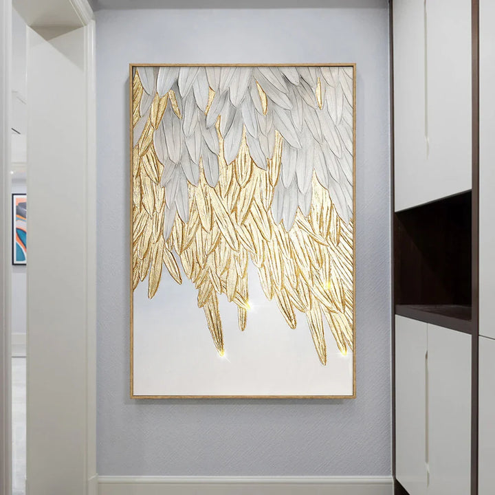 Modern abstraktes goldenes Federdesign Wandkunst Feine Kunst Leinwanddrucke Bild für Luxus-Wohnzimmer Schlafzimmer Eingangsbereich Foyer Kunst Dekor | Karnz