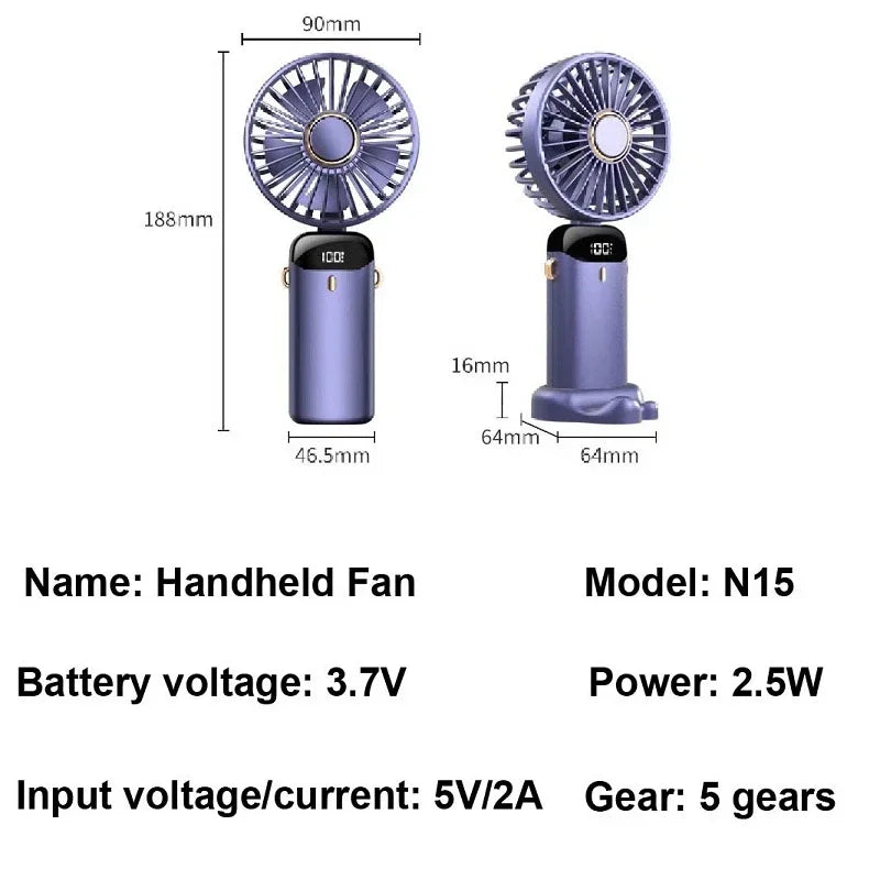 Handheld Mini Ventilator – 3000mAh Faltbarer Tragbarer Tisch- & Nackenhängender Ventilator mit 5 Geschwindigkeiten, USB wiederaufladbar & Telefonständer Anzeige | Karnz