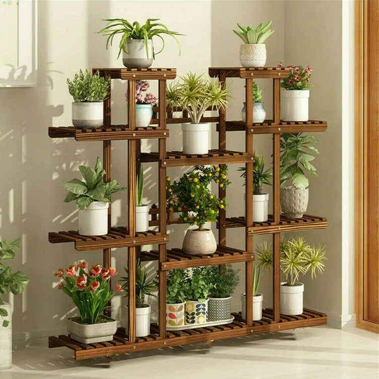Großes 11-stöckiges Holz Pflanzenregal | Karbonisiertes, Breites Blumenständer für Innen & Außen | Karnz