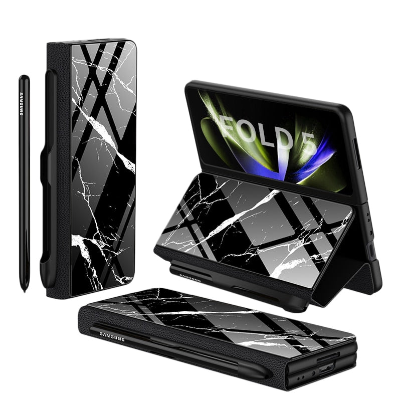 Karnz | Stoßfeste Rüstungshülle Hülle Glas Abdeckung Ständer Einfügkarte Lederhülle für Samsung Galaxy Z Fold 5/4