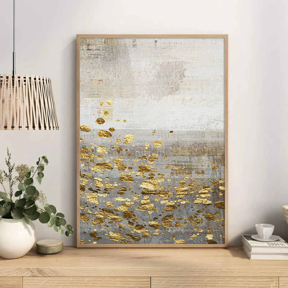 Beige Grau Goldgefleckt Vintage Abstrakte Wandkunst Fine Art Leinwanddrucke Zeitgenössische Bilder für elegante Innenräume | Karnz