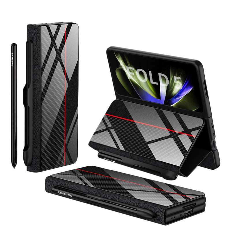 Karnz | Stoßfeste Rüstungshülle Hülle Glas Abdeckung Ständer Einfügkarte Lederhülle für Samsung Galaxy Z Fold 5/4