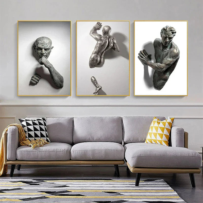 Moderne urbane abstrakte Eisenstatue Wandkunst Fine Art Leinwanddrucke 3D-Visualisierung Figurenkunst Bilder für minimalistische Wohnungswanddekoration | Karnz
