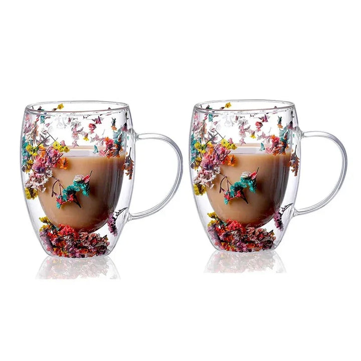 2pcs Getrocknete Blumen Doppelt wändige Glas Tasse