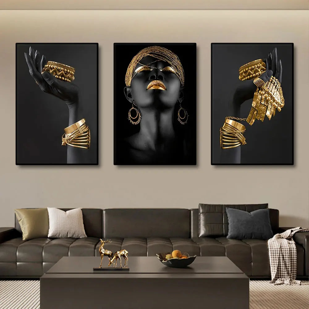 Set aus 3 Stück Schwarz Goldene Frauenporträt Wandkunst Feine Kunst Leinwanddrucke Bilder Für Luxuriöses Wohnzimmer Esszimmer Home Office Dekor | Karnz