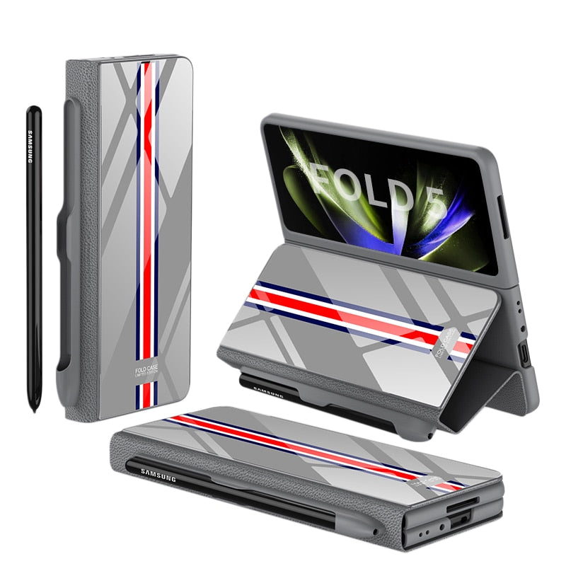 Karnz | Stoßfeste Rüstungshülle Hülle Glas Abdeckung Ständer Einfügkarte Lederhülle für Samsung Galaxy Z Fold 5/4