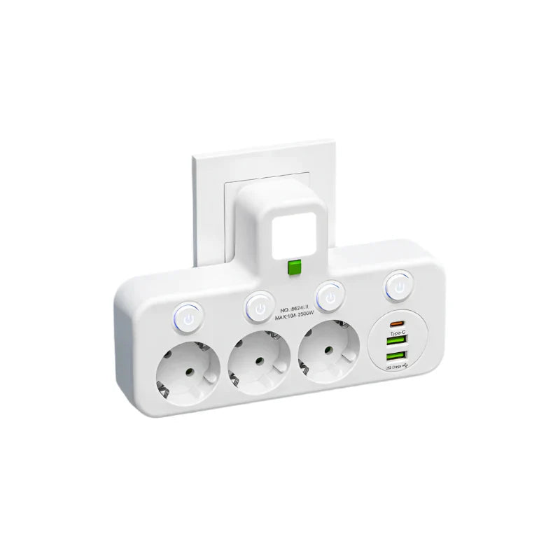 Karnz | Mehrfachsteckdose VOLTRIQ ProLine | 3–4 Steckplätze + 2× USB & 1× Typ-C | 2500 W | Überspannungsschutz & Kontrollschalter