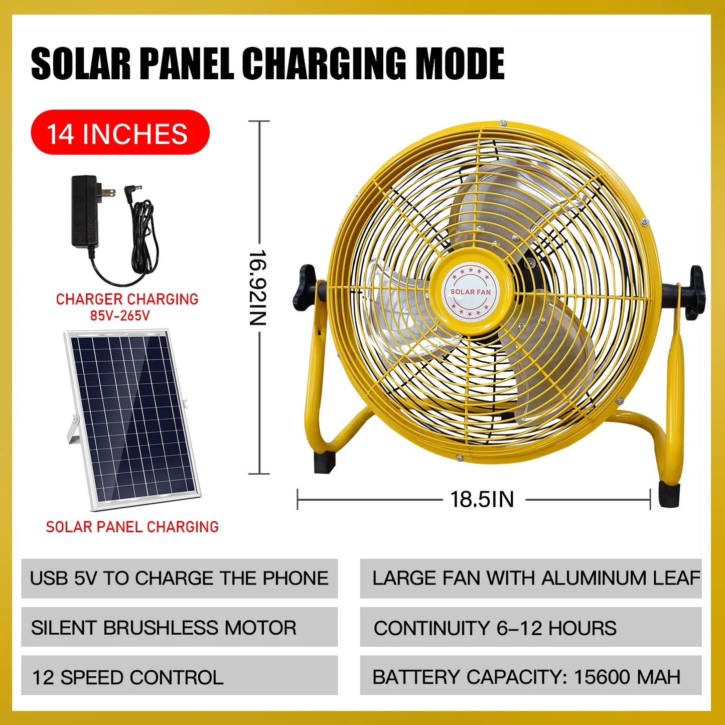 214-Zoll Tragbarer Wiederaufladbarer Tischventilator – Solar- und AC-betriebene Dual-Input für Zuhause, Camping und Angeln | Karnz