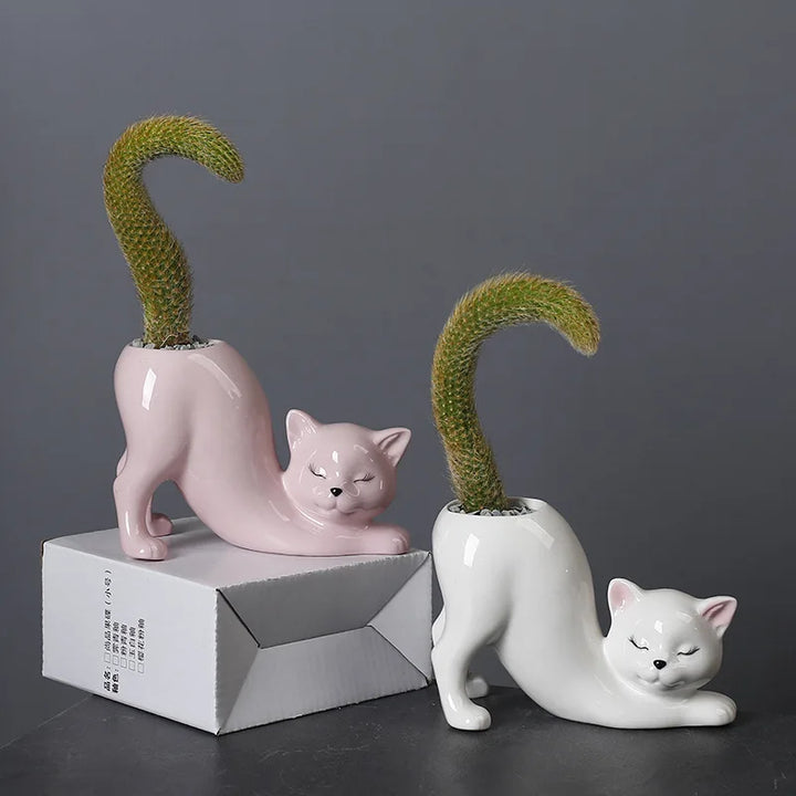 Niedlicher Katzen-Blumentopf - Glasiertes Porzellan-Sukkulenten-Planter | Karnz