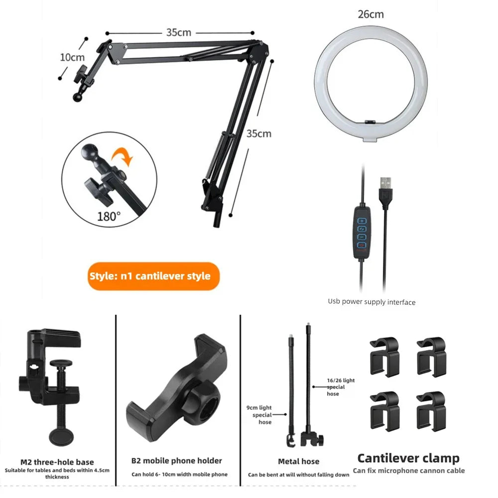 Karnz | LumiFlex LED-Ringleuchte mit flexiblem Arm & Handyhalter | 3 Lichtfarben & USB-Anschluss | Perfekt für Livestream, Video & Selfie