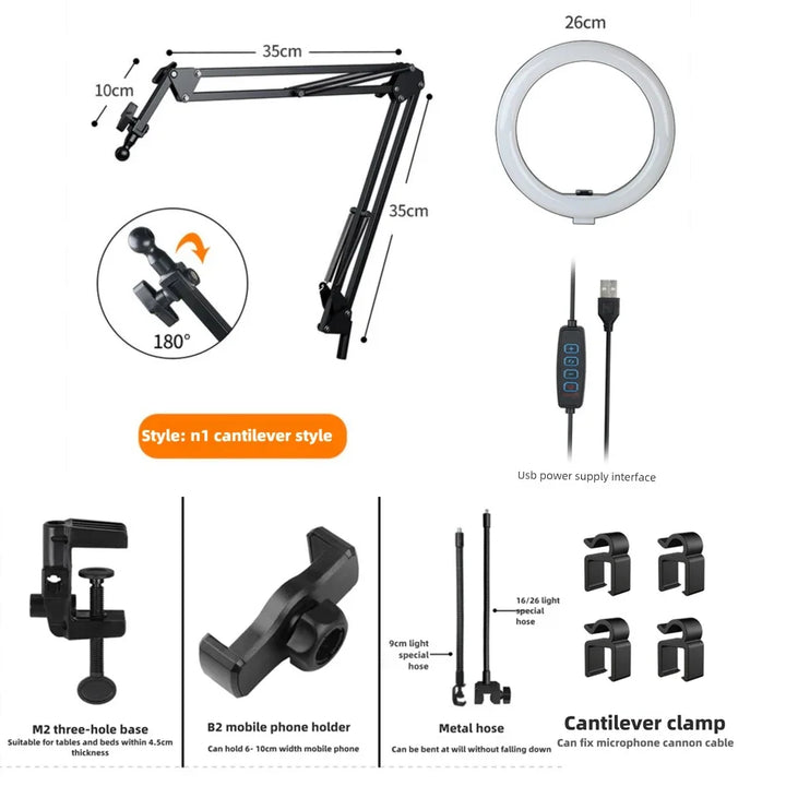Karnz | LumiFlex LED-Ringleuchte mit flexiblem Arm & Handyhalter | 3 Lichtfarben & USB-Anschluss | Perfekt für Livestream, Video & Selfie