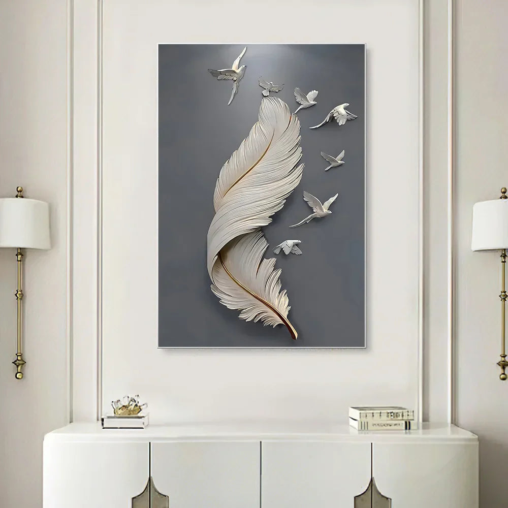 Sieben Vögel Feder Wandkunst Fine Art Leinwanddrucke 3D Visualisierung Minimalistische abstrakte Bilder für Wohnzimmer Eingang, Foyer Kunst Dekor | Karnz