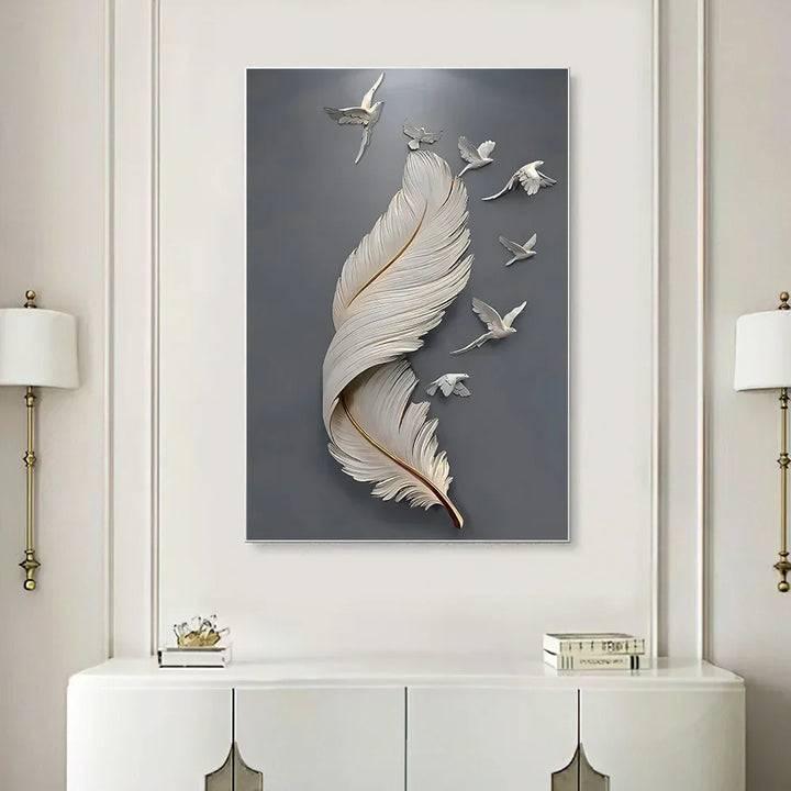 Sieben Vögel Feder Wandkunst Fine Art Leinwanddrucke 3D Visualisierung Minimalistische abstrakte Bilder für Wohnzimmer Eingang, Foyer Kunst Dekor | Karnz