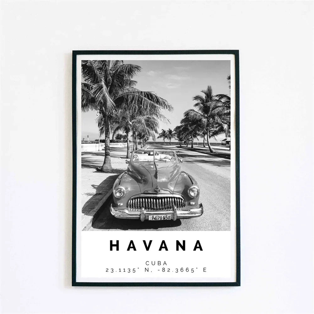 Cuba Havana Schwarz & Weiß Reiseplakat Wandkunst Feine Kunst Leinwanddrucke Bilder Für Wohnzimmer Esszimmer | Karnz
