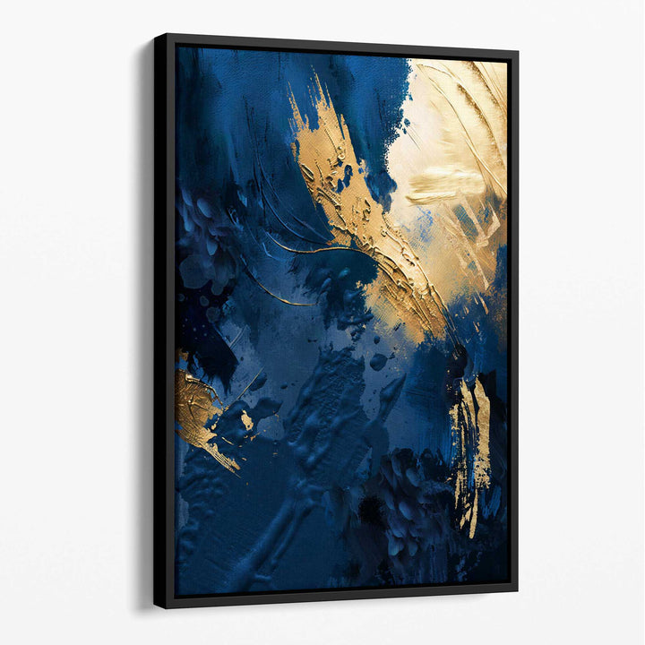 Abstraktes Wandbild auf Leinwand in Blau und Gold, Farbstriche Nr. 2