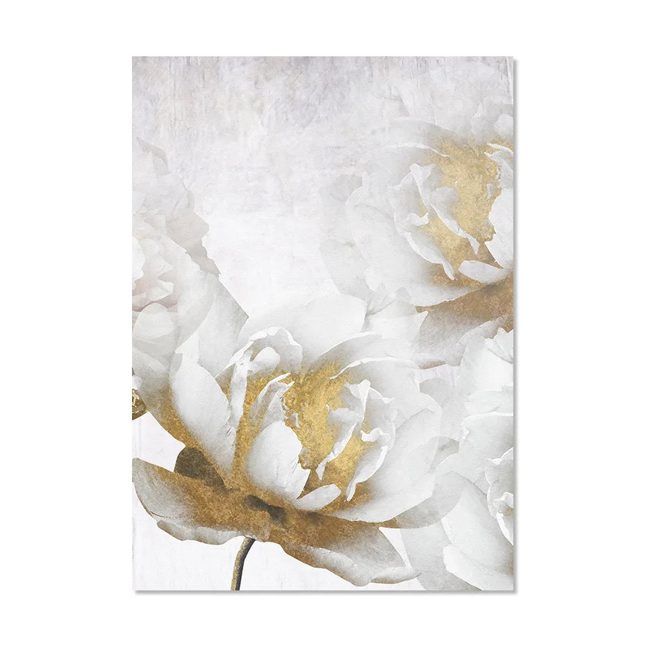 Opulente Blüten Elegante Weiße Blumen mit Goldakzenten Leinwand Wandkunst Feine Kunstleinwand Drucke Poster Florale Bilder Für Modernes Wohnzimmer | Karnz