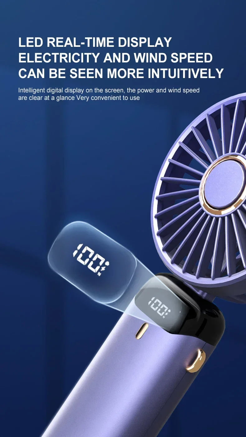 5000mAh Handheld Mini Ventilator – Kabelloser USB wiederaufladbarer tragbarer Ventilator mit digitaler Anzeige, Telefonhalter, 5-Geschwindigkeits faltbarer Nacken-Hängevantilator | Karnz
