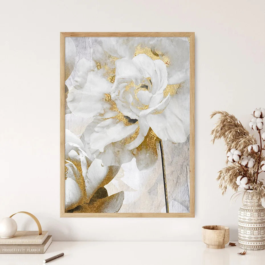 Opulente Blüten Elegante Weiße Blumen mit Goldakzenten Leinwand Wandkunst Feine Kunstleinwand Drucke Poster Florale Bilder Für Modernes Wohnzimmer | Karnz