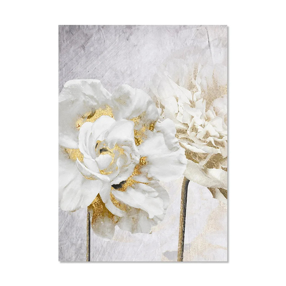 Opulente Blüten Elegante Weiße Blumen mit Goldakzenten Leinwand Wandkunst Feine Kunstleinwand Drucke Poster Florale Bilder Für Modernes Wohnzimmer | Karnz