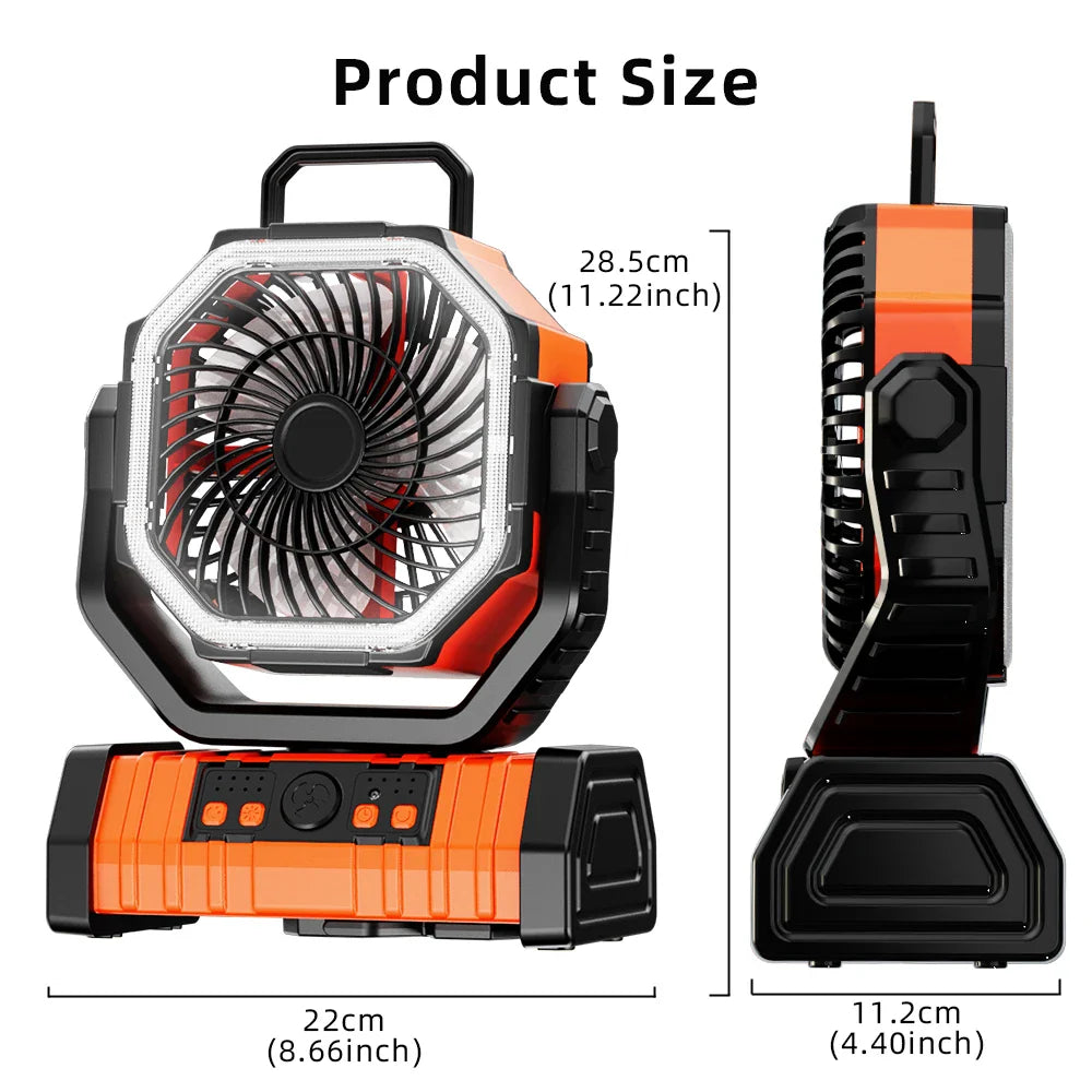20000mAh Tragbarer Wiederaufladbarer Ventilator — Akku-Betriebene Tisch- & Camping-Lüfter mit LED-Licht & Haken für Zelt, Auto und Outdoor-Ausflüge | Karnz