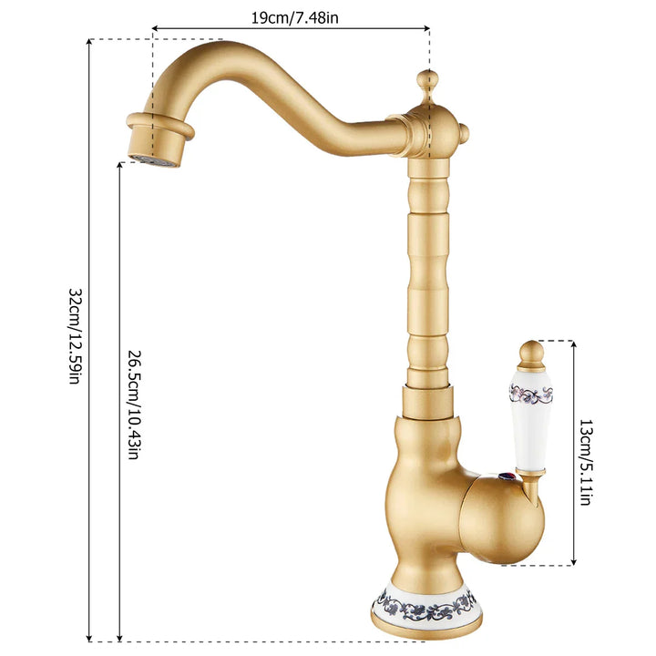 Küchenarmatur aus antikem Messing mit keramischem Griff - 360° schwenkbar | Traditionelles Design Karnz