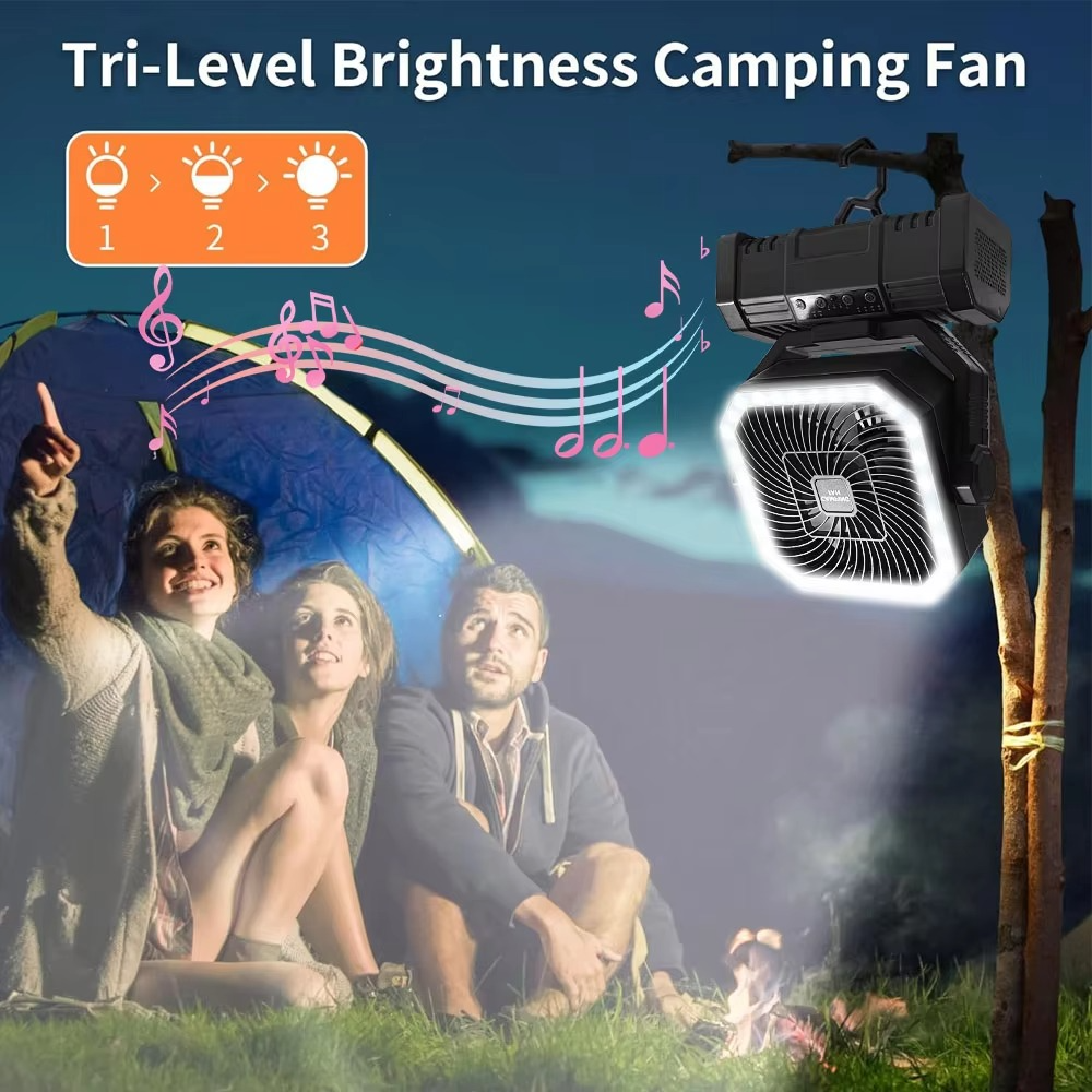 Wiederaufladbarer Campingventilator mit 20000mAh Batterie, 4 Geschwindigkeiten und LED Laterne | Karnz