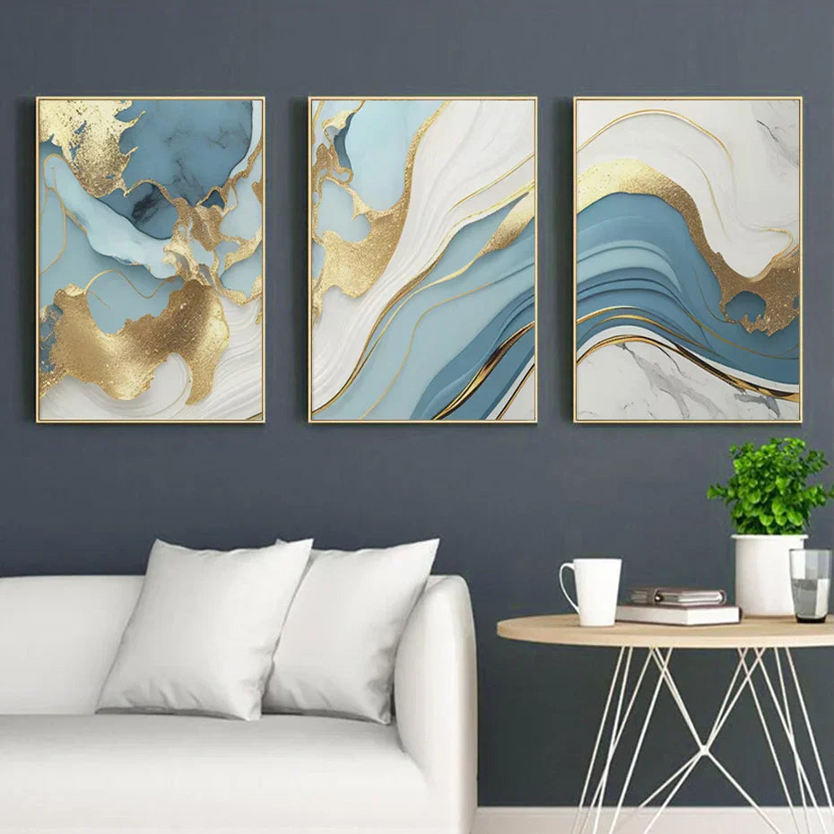 Modern Abstract Golden Blue Liquid Marble Print Wandkunst Fine Art Leinwanddrucke Bilder für Wohnzimmer Schlafzimmer Nordische Wohnkultur | Karnz