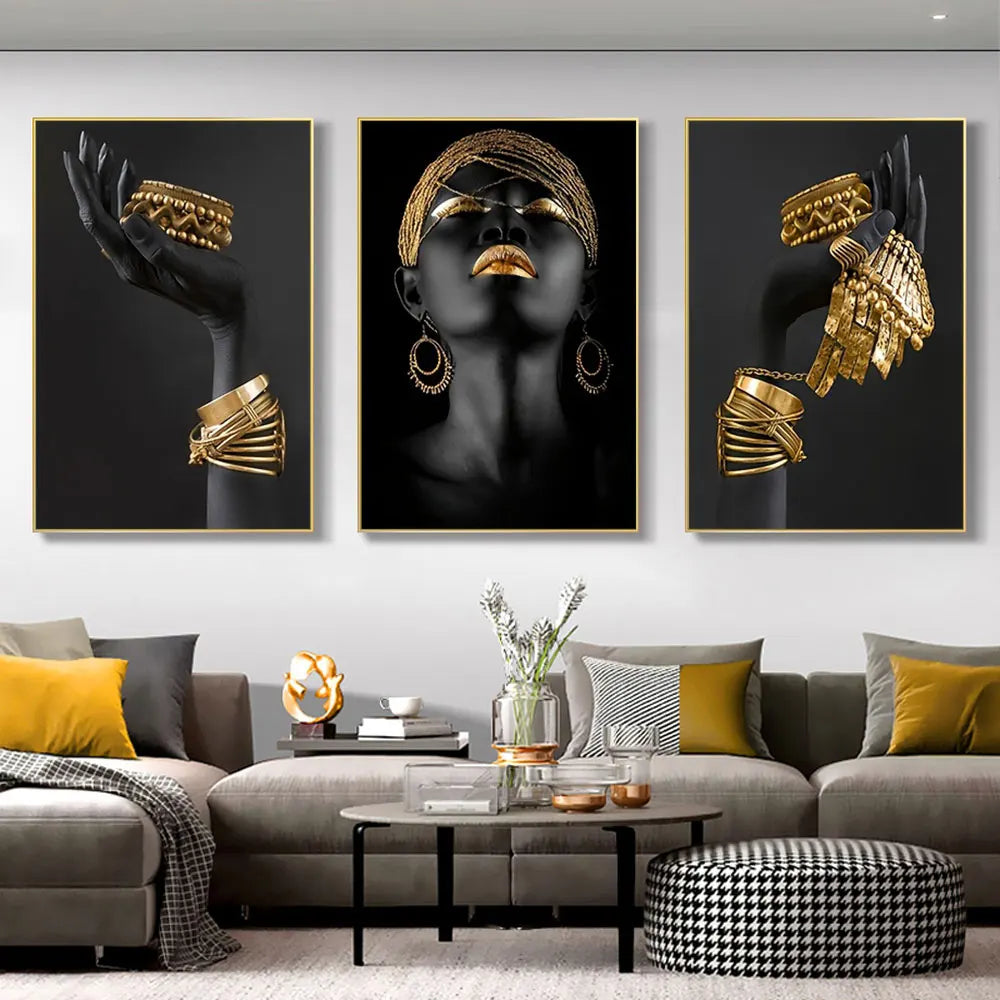 Set aus 3 Stück Schwarz Goldene Frauenporträt Wandkunst Feine Kunst Leinwanddrucke Bilder Für Luxuriöses Wohnzimmer Esszimmer Home Office Dekor | Karnz