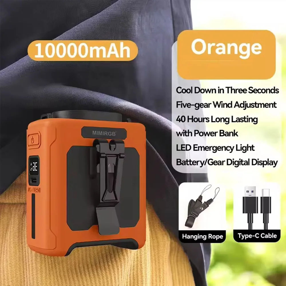 10000mAh Taillenklem Ventilator mit Power Bank – Tragbarer Freisprech-Akku Ventilator | 5-Geschwindigkeits-Kühlung, Batteriestatusanzeige, USB-Ladung, Tragbarer Ventilator für den Außenbereich | Karnz