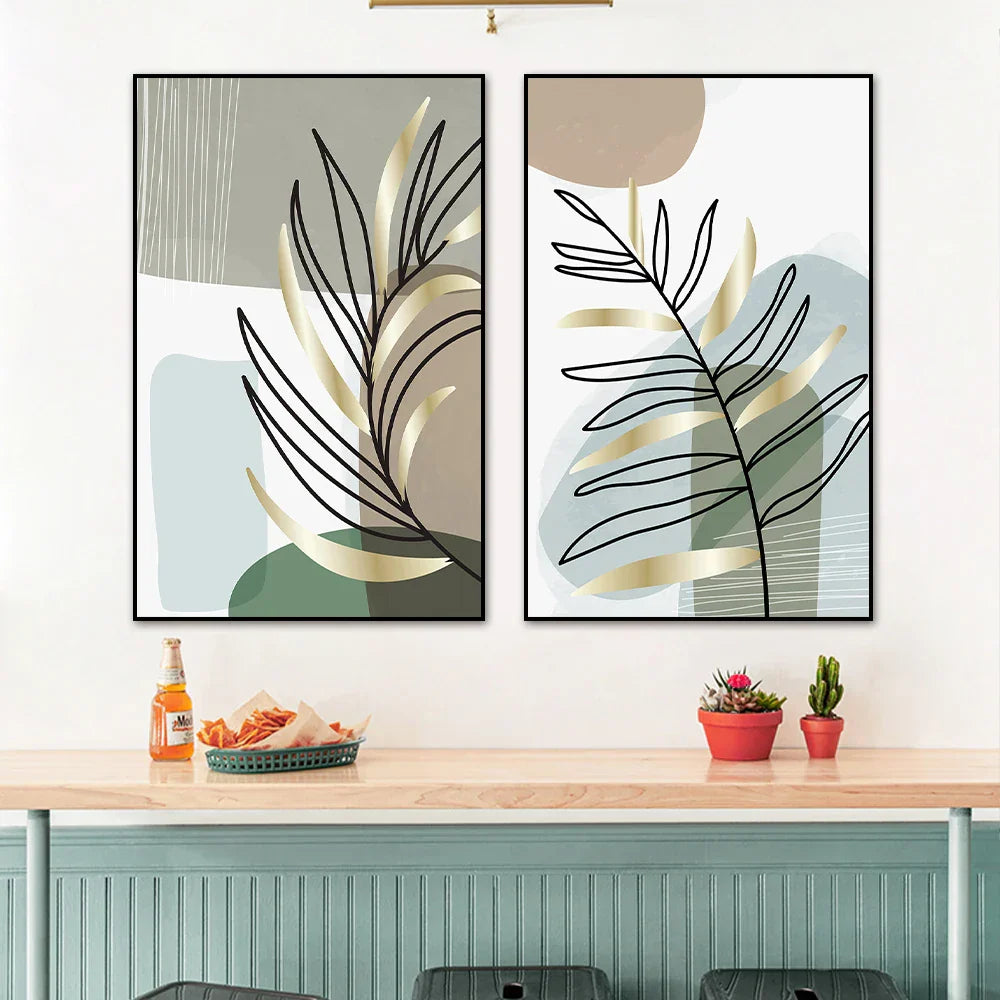Set von 2PCS Botanische Abstrakte Linienkunst Blätter Wandkunst Feine Kunst Leinwanddrucke Einfache Nordische Bilder Für Wohnzimmer Dekor