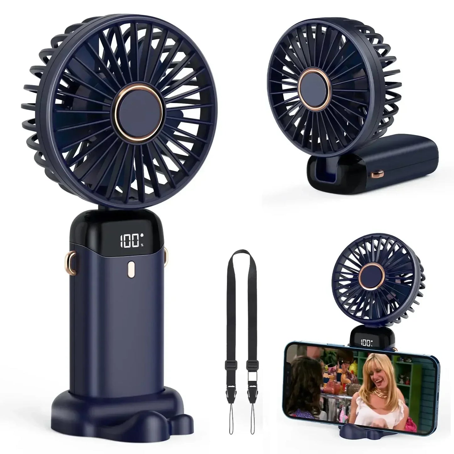 5000mAh Handheld Mini Ventilator – Kabelloser USB wiederaufladbarer tragbarer Ventilator mit digitaler Anzeige, Telefonhalter, 5-Geschwindigkeits faltbarer Nacken-Hängevantilator | Karnz