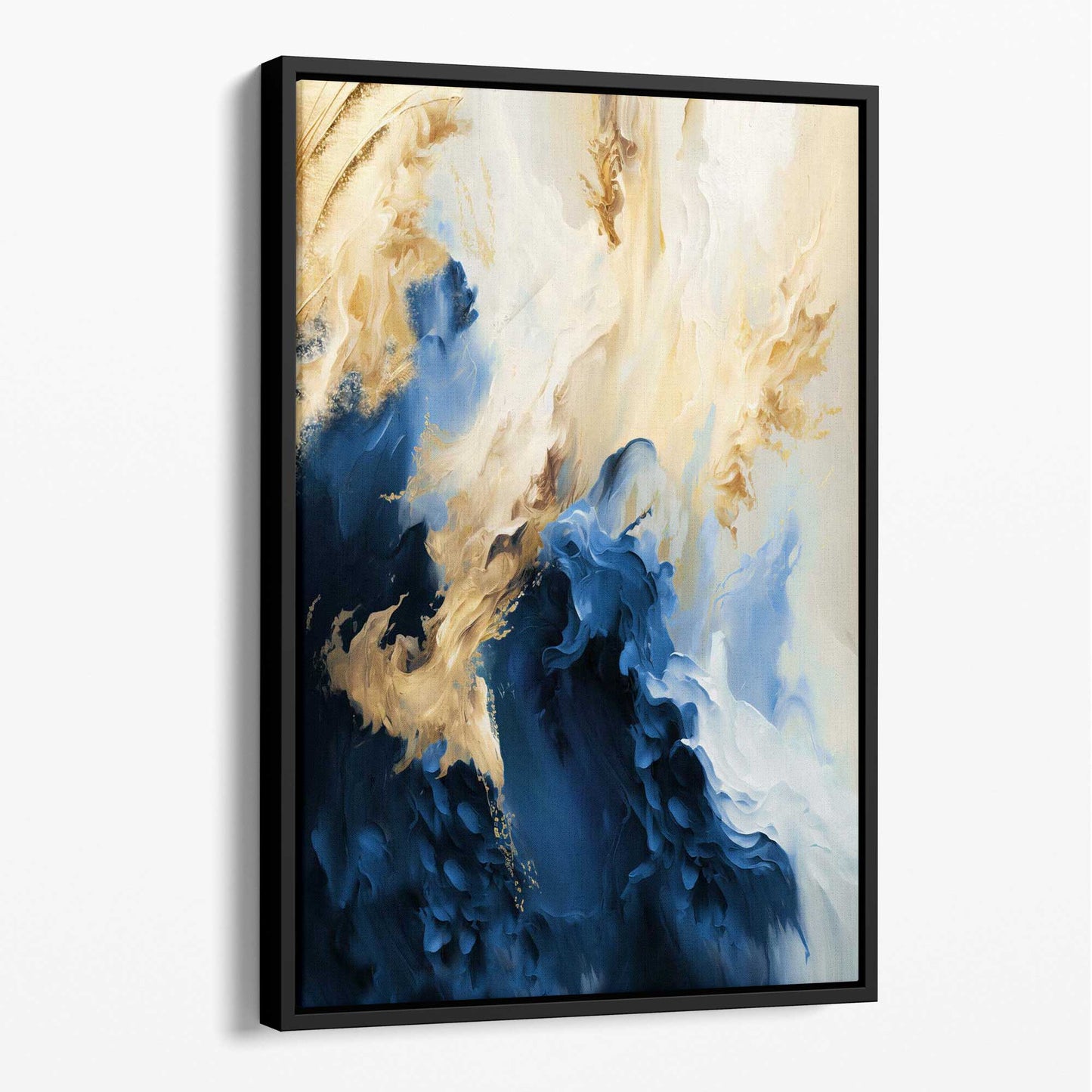 Abstraktes Wandbild auf Leinwand in Blau und Gold mit Farbstreifen Nr. 3