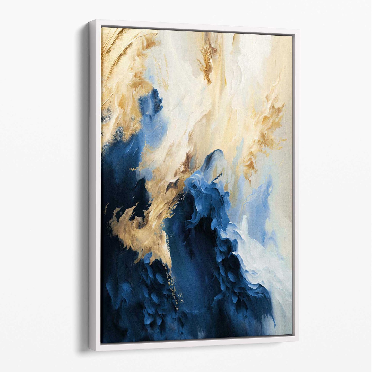 Abstraktes Wandbild auf Leinwand in Blau und Gold mit Farbstreifen Nr. 3