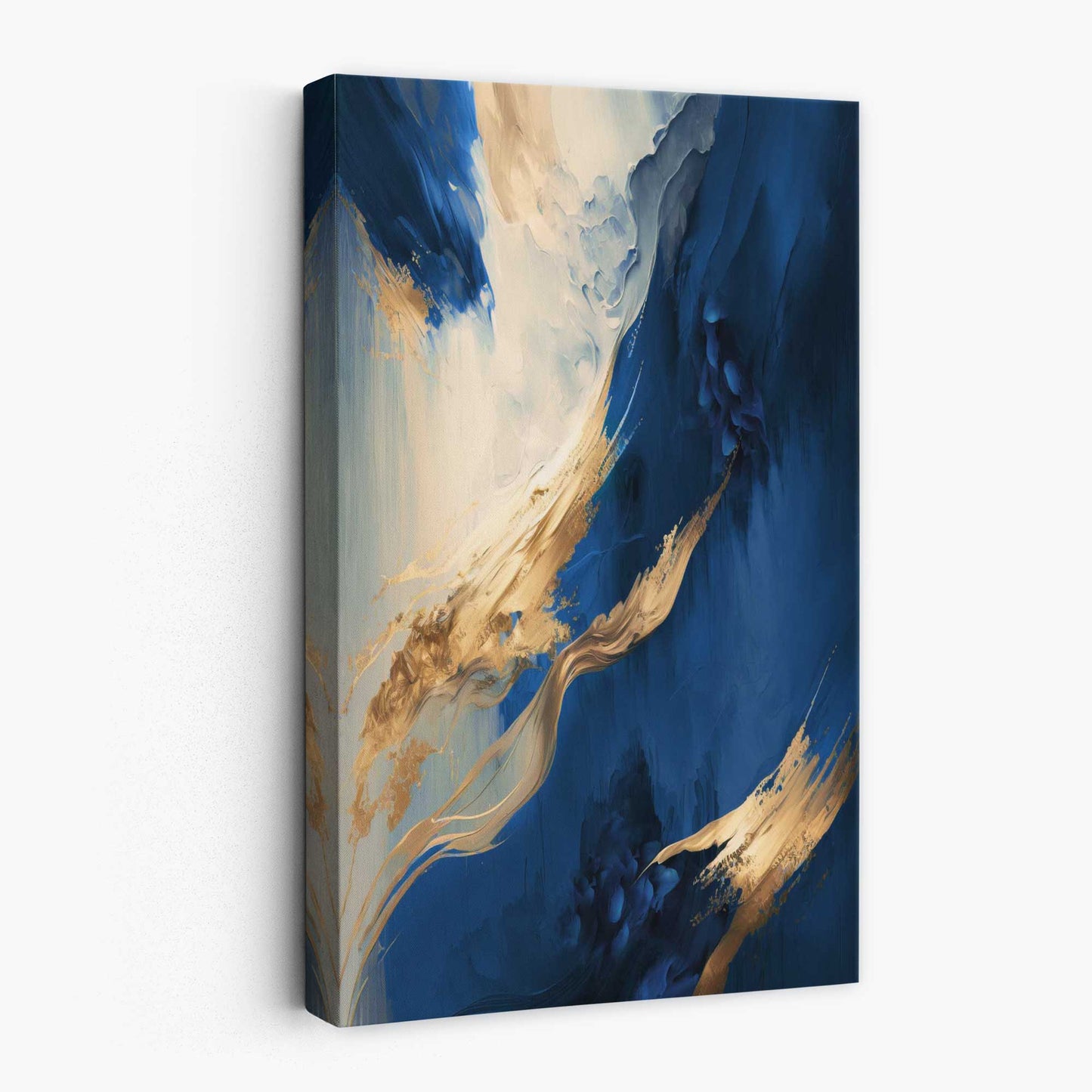 Abstraktes Wandbild auf Leinwand in Blau und Gold mit Farbstreifen Nr. 3
