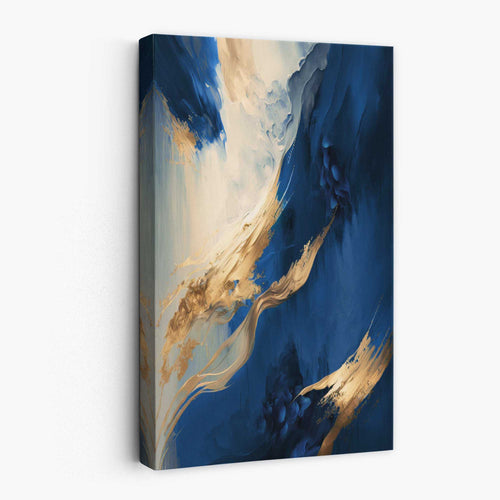 Abstraktes Wandbild auf Leinwand in Blau und Gold mit Farbstreifen Nr. 3