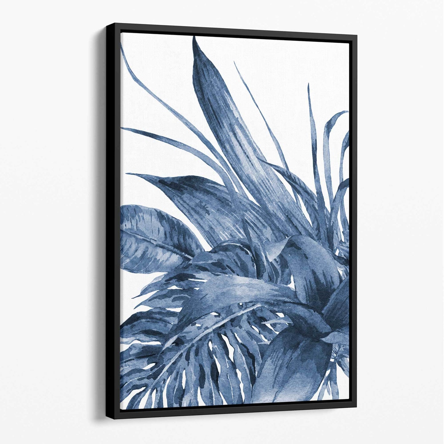 Abstrakte Leinwand mit marineblauen tropischen Blättern