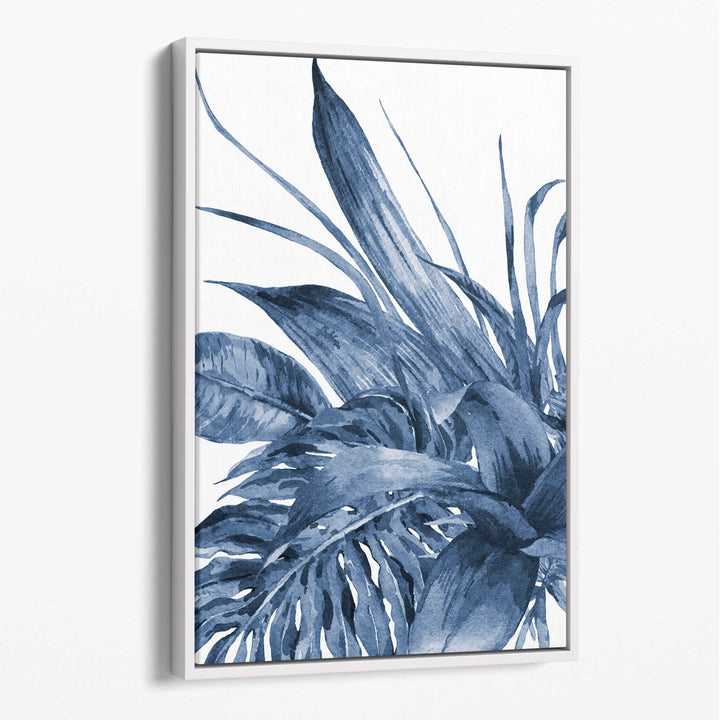 Abstrakte Leinwand mit marineblauen tropischen Blättern