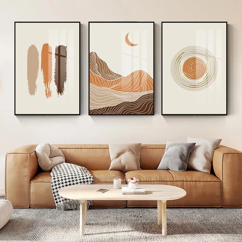 Abstrakte Geometrische Taupe Terrakotta Landschaft Sonne Mond Wandkunst Fein Kunst Leinwanddrucke Bilder Für Wohnzimmer Schlafzimmer Kunst Dekor | Karnz