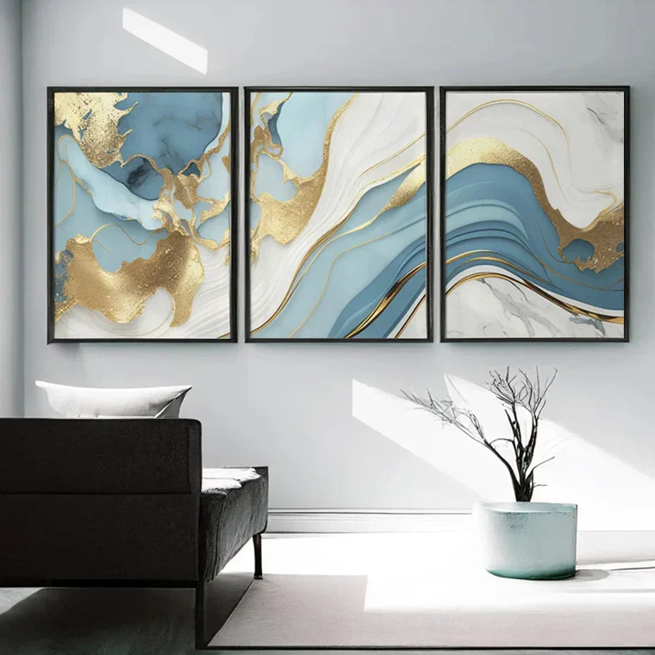 Modern Abstract Golden Blue Liquid Marble Print Wandkunst Fine Art Leinwanddrucke Bilder für Wohnzimmer Schlafzimmer Nordische Wohnkultur | Karnz